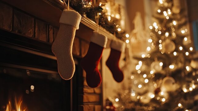 Stockings hanging by the fireplace with twinkling lights .