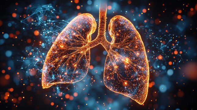 Glowing anatomical lungs surrounded by a network of colorful abstract particles - Powered by Adobe