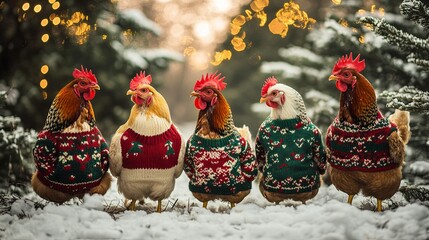 Ugly sweater contest featuring chickens in custom holiday knits .