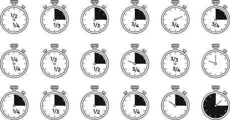 Vector collection of stopwatch timer icons displaying various fractions and time segments like quarter and half, isolated on white background for math education.