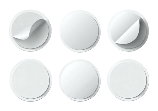 Round white stickers, some peeled at corners