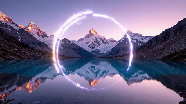 A tranquil, wide angle shot of a pristine mountain lake at dawn, with the first light of sunrise softly illuminating the peaks and water's surface, establishing a serene yet anticipatory atmosphere.