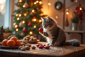 Cute cat playing with red ornament near Christmas tree and snacks  