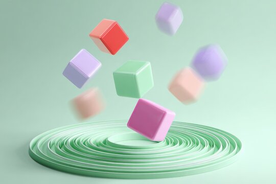Pastel-colored cubes, various sizes, falling into a swirling, concentric, light-green circular base against a mint green background