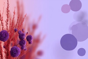 Purple paper roses and coral pampas grass against a soft purple and peach gradient background, accented by blurred purple circles
