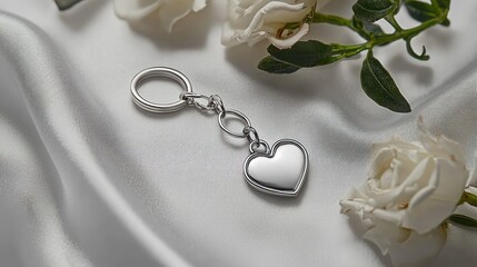 Heart-shaped keychain on shimmering white fabric with white flowers nearby