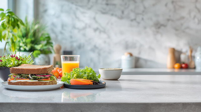 Colorful meal spread on a clean countertop, showcasing healthy options in a sunny kitchen Generative AI