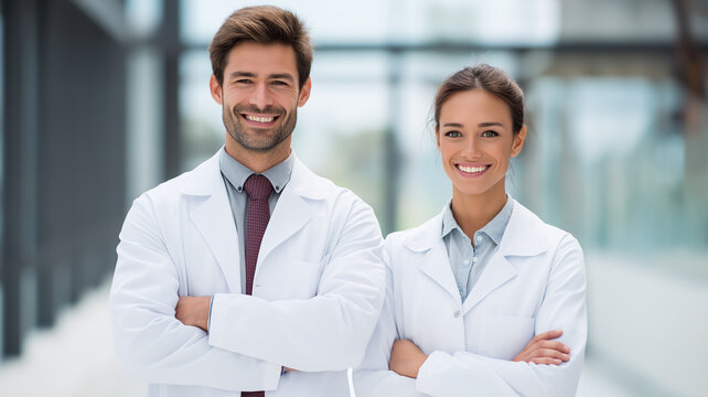 Two dedicated doctors stand confidently in a sleek clinic, showcasing teamwork and professionalism Generative AI