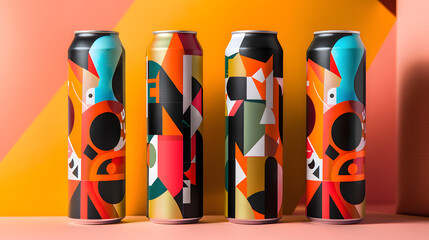 Modern beverage cans featuring vibrant geometric designs create a refreshing and artistic vibe for your branding and product packaging needs