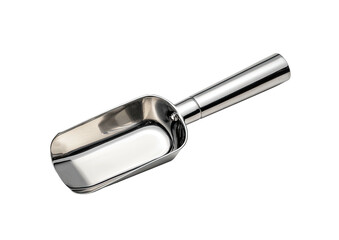Shiny metal scoop with a cylindrical handle on black