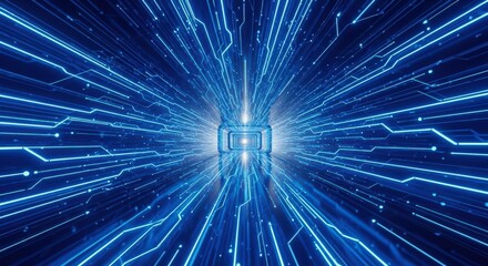Abstract Blue Digital Circuit Board Tunnel with Glowing Lines.