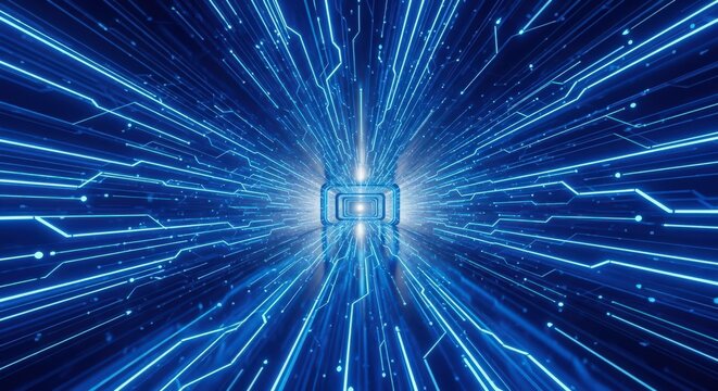 Abstract Blue Digital Circuit Board Tunnel with Glowing Lines.