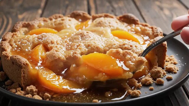 Taking a spoonful of a warm homemade peach crumble pie dessert.
