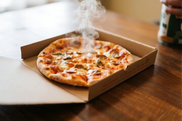Steaming hot pizza in an open cardboard box on a wooden table