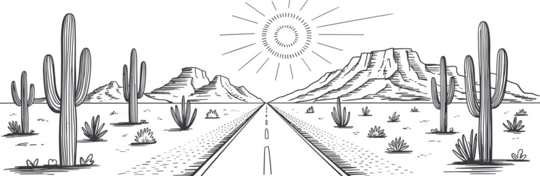 Fototapeta Black and white desert highway illustration with cactus plants, mountain landscape, and bright sun, minimalist line art travel scene drawing