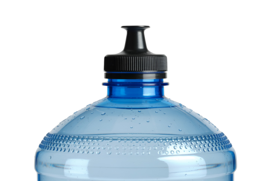Close up of a blue plastic water bottle with black cap isolated on transparent background