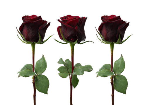 Three dark red roses, stems and leaves, on black ground