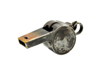 Vintage metal referee whistle isolated on transparent background
