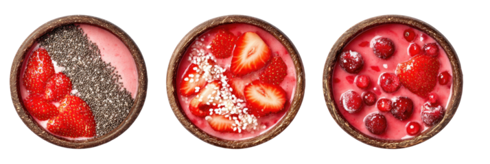 Three smoothie bowls with red fruits in rustic wood bowls
