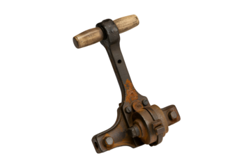 Antique rusty metal lever mechanism isolated on transparent background