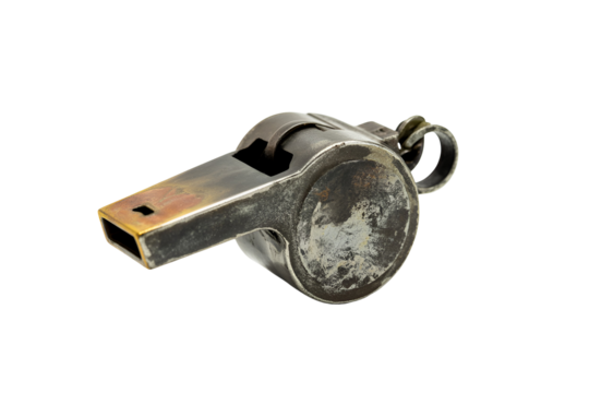 Vintage metal referee whistle isolated on transparent background