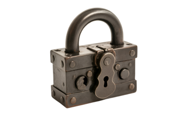 Antique rusty padlock isolated on transparent background