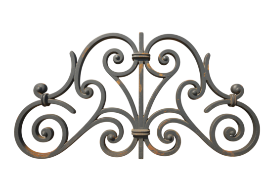 Ornate wrought iron scrollwork architectural element isolated on transparent background