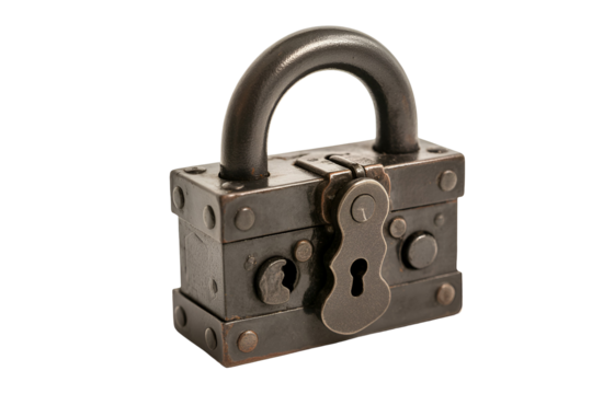 Antique rusty padlock isolated on transparent background