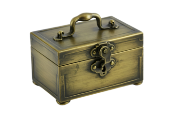 Antique brass treasure chest with ornate clasp isolated on transparent background