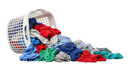Laundry basket overflowing with clothes transparent background cutout png