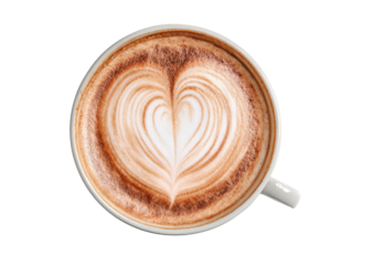 Latte art heart in a white ceramic cup, overhead view