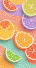 Fototapeta premium Vibrant citrus fruit slices arranged on a pastel, wavy background. Slices are various colors and sizes, suggesting oranges, grapefruits, and limes