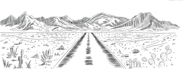 Naklejka premium Black and white desert road illustration with mountains cactus and plants minimal line art landscape travel adventure nature drawing