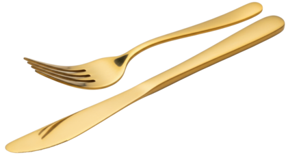 Golden fork and knife set transparent background cutout png