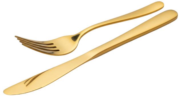 Golden fork and knife set transparent background cutout png