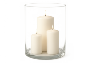 Group of three white pillar candles burning on a glass plate, providing illumination, isolated on transparent background
