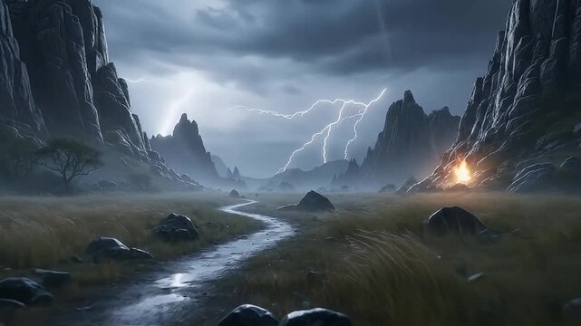 An incredibly dramatic and foreboding natural landscape unfolds under a tempestuous, dark sky. Jagged, rugged mountain peaks loom majestically on either side, framing a winding path or stream that car