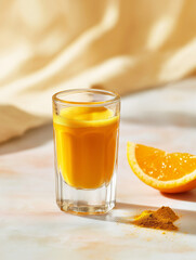 Fototapeta premium A clear shot glass with golden liquid, fresh orange slice, and a sprinkle of spices Generative AI