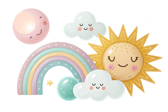 Whimsical 3D Pastel Iridescent Celestial and Weather Elements Collection on White. moon. sun. clouds. 