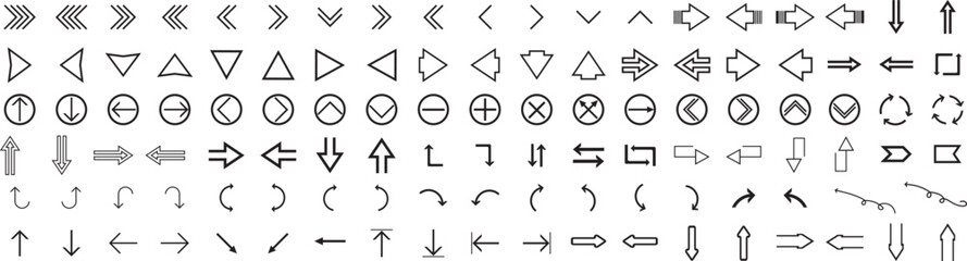 Black Arrow Line Arrow vector icon set in thin line style. different cursor arrow direction symbols in flat style. Black arrows icons