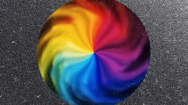 An mesmerizing, abstract animation features a vibrant, colorful disc swirling dynamically against a dark, textured background. The circular shape emanates a full spectrum of rainbow colors &ndash; red, oran