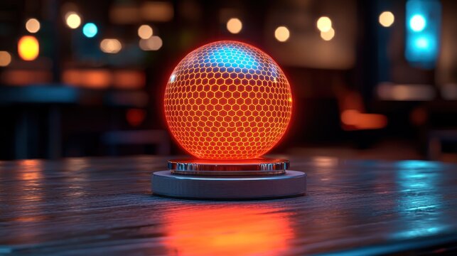 Orange hexagon sphere on pedestal with blurred lights bokeh background - Powered by Adobe