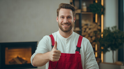 A cheerful young repairman smiles and gives a thumbs up while standing in a warm, inviting space Generative AI