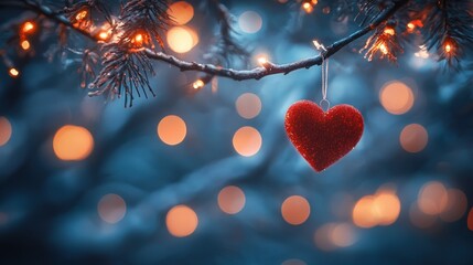 Red felt heart hangs on a frosted pine branch with bokeh lights in the background
