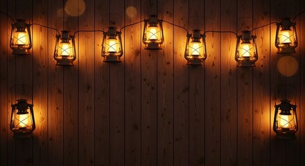Warm lantern string lights on rustic wood background for festive ambiance