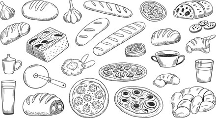 Black and white hand drawn bakery food illustration set featuring bread, pizza, croissants, coffee, garlic, and baking utensils