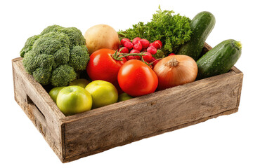 Fresh produce fills a rustic wood box