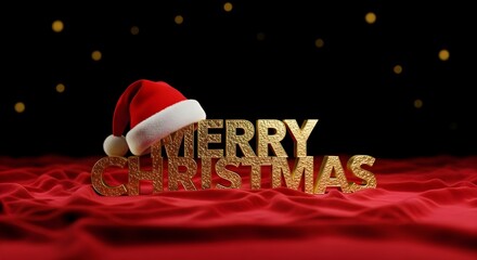 Golden merry christmas text with santa hat on red velvet against black background