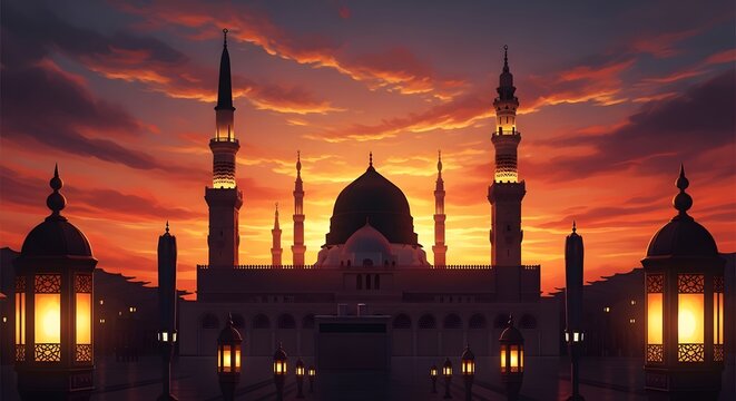 Majestic mosque silhouette at sunset with lanterns illuminating the foreground