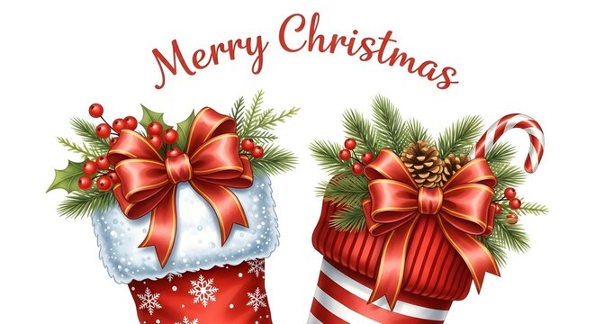 Two christmas stockings filled with festive decorations and a merry christmas text